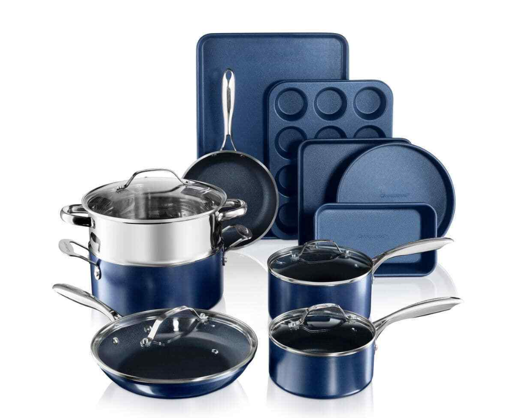 GRANITESTONE Cookware + Bakeware 15-Pcs Blue Aluminum Non-Stick Diamond Infused