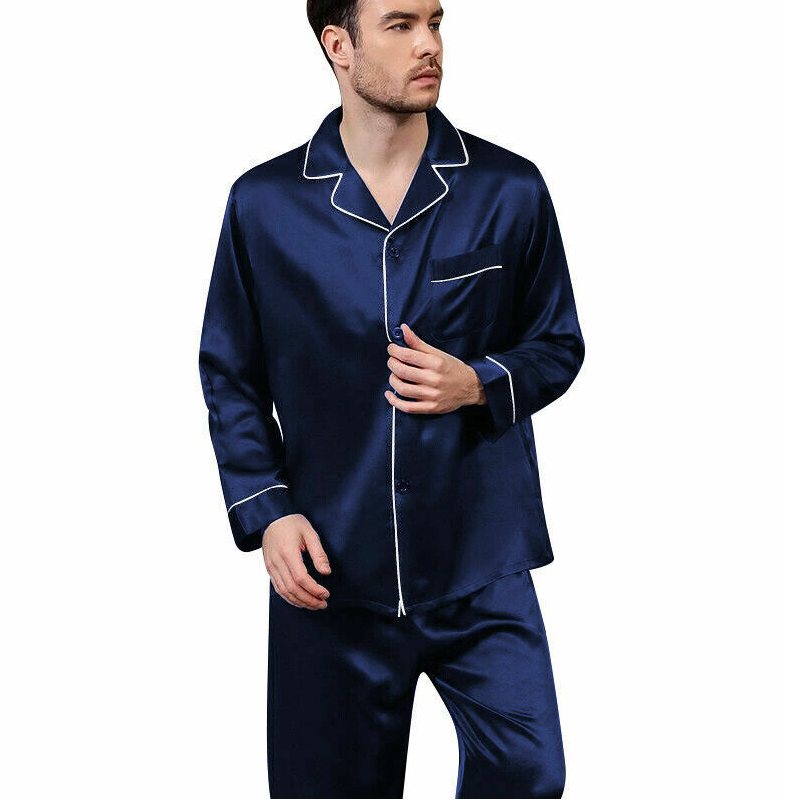 Mens Silk Satin Pajamas Set pyjamas for men Loose Sleepwear PJ Set Autumn Gift