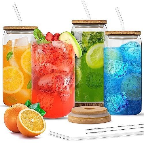 Marksle Home Glass Cups - Glass Cups With Lids And Straws - 16oz Iced Coffee ...