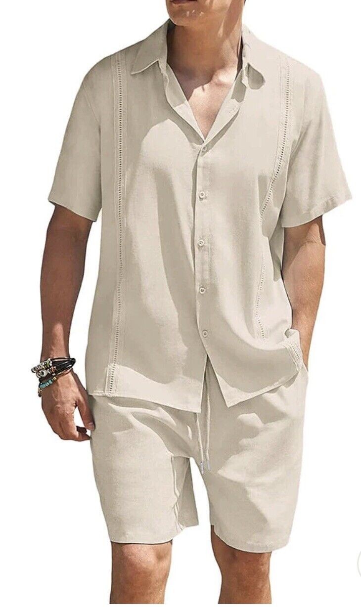 COOFANDY Men 2 Piece Linen Set Beach Guayabera Outfit Button Down Shirt XL
